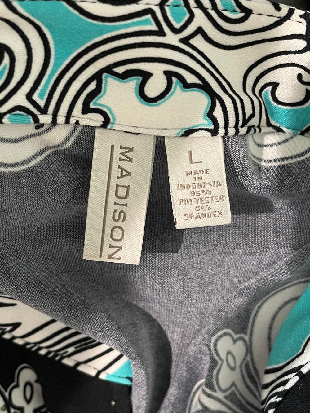 Madison Black Turquoise and White Abstract Print Top - Picture 3 of 4